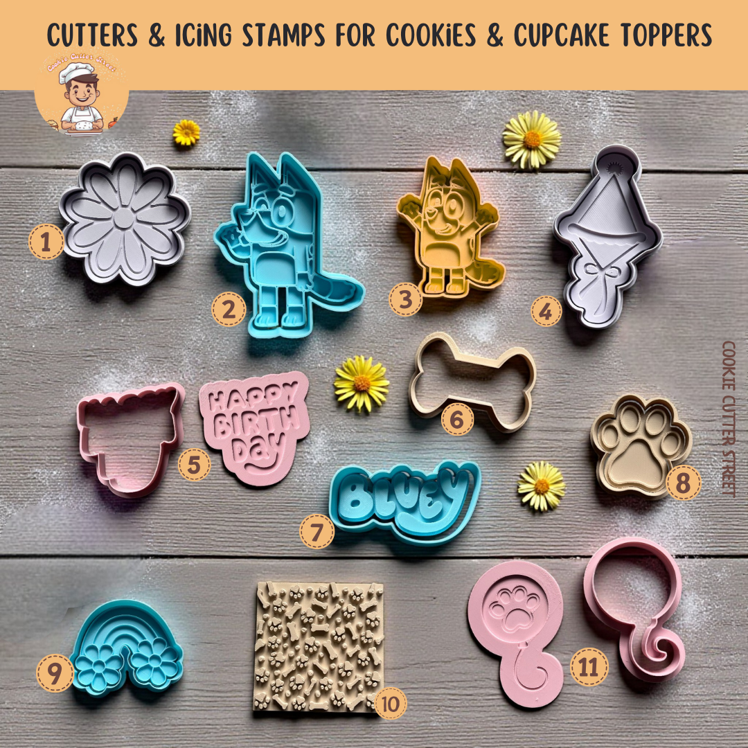 Set of Bluey inspired cookie cutters and icing stamps on a wooden surface with decorative elements.