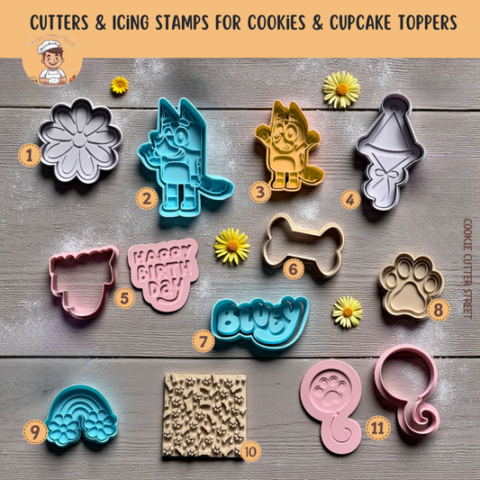 Set of Bluey inspired cookie cutters and icing stamps on a wooden surface with decorative elements.
