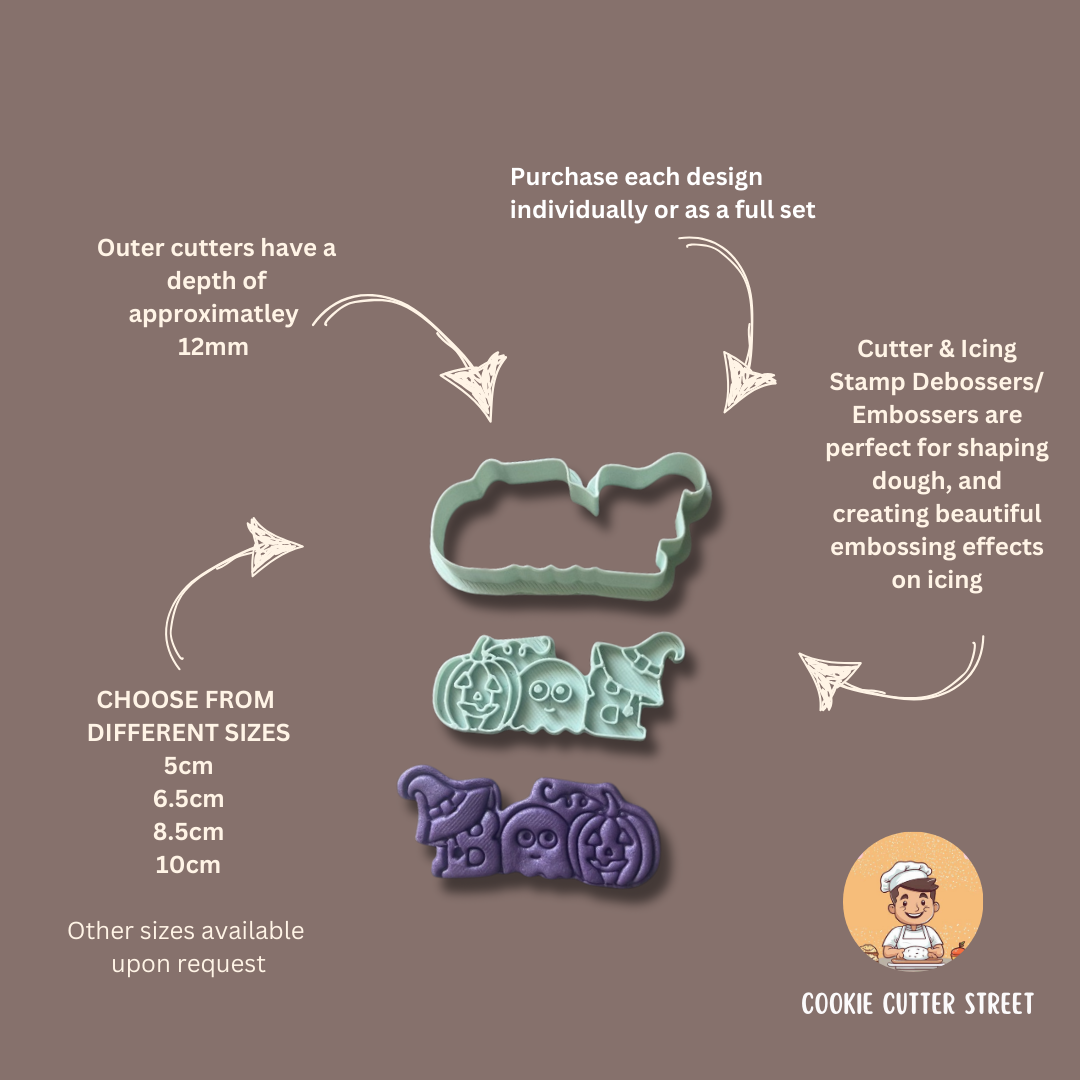 Cookie cutter set with sizes and purchasing information on a brown background