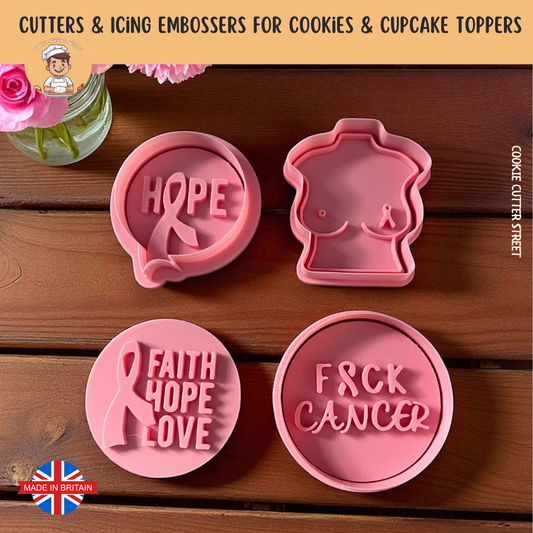 Breast Cancer Awareness Cookie Cutter & Icing Embosser Set with pink ribbon designs and supportive messages, ideal for fundraising and awareness baking.