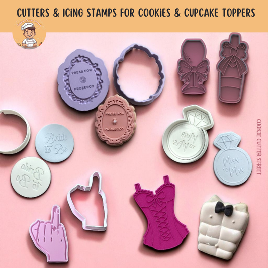 Bride to Be hen party cookie cutters & embossers set, featuring elegant and cheeky designs perfect for baking cookies, fondant toppers and party treats.