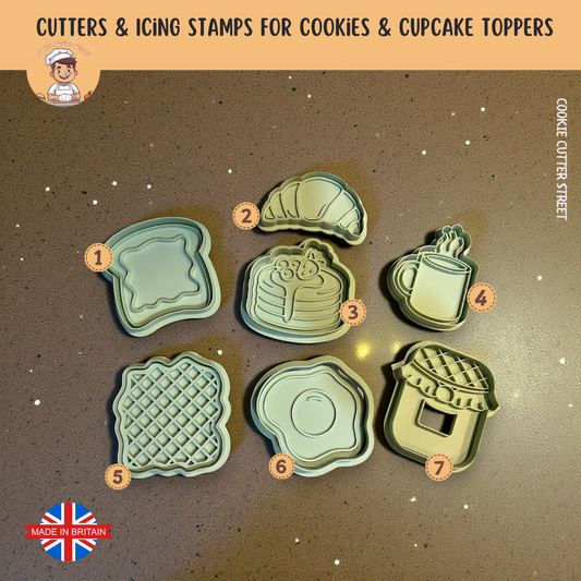 A set of brunch-themed cookie cutters and icing stamps including toast, croissant, pancakes, coffee mug, waffle, egg plate and jam jar — perfect for fondant, cookies, and cupcake toppers.