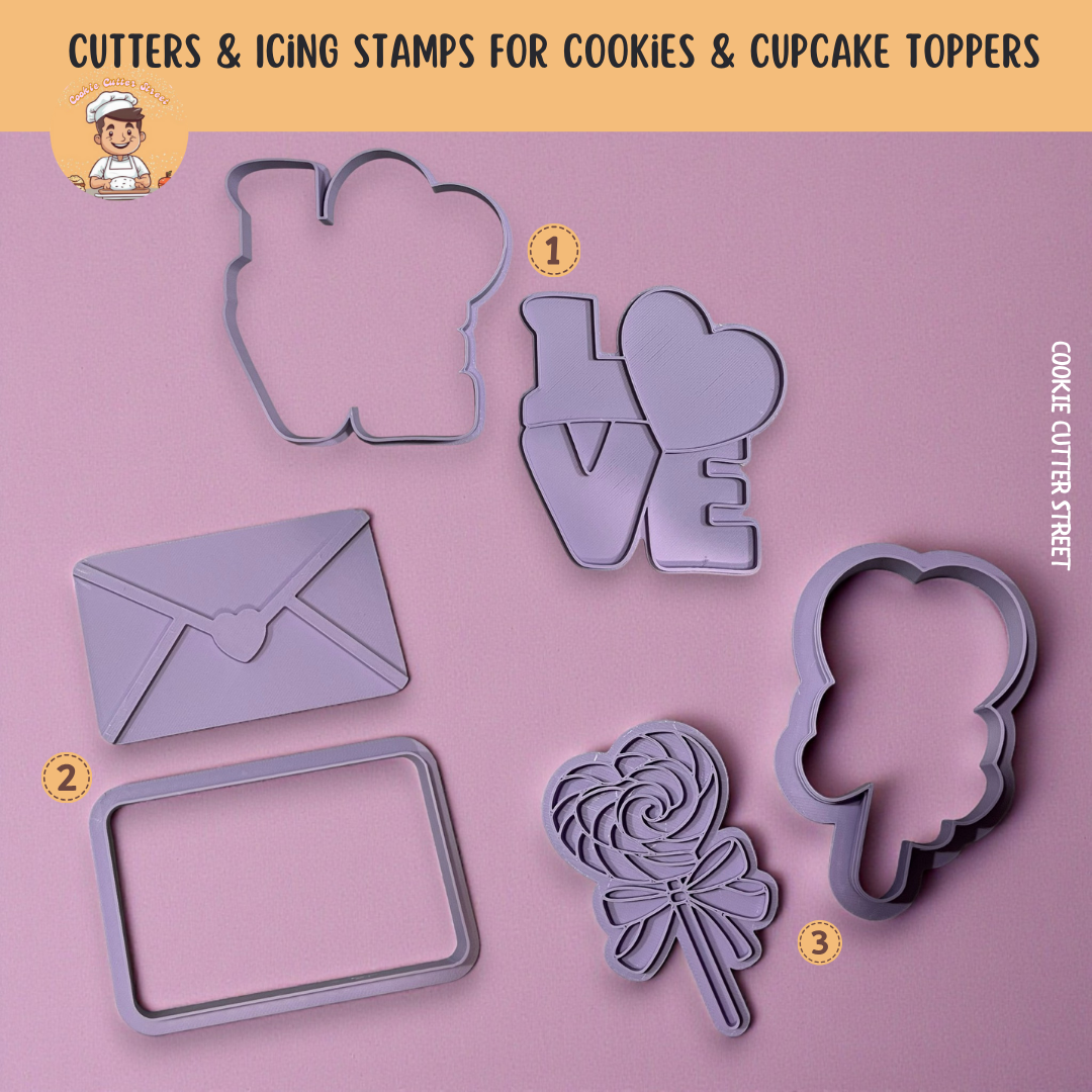 Valentines Love Letter Spiral Heart Lollipop Icing Stamp & Cutter For Cookies & Cupcake Toppers