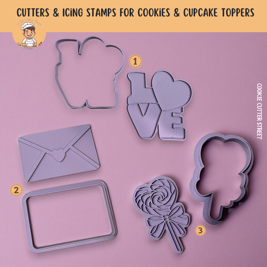 Valentines Love Letter Spiral Heart Lollipop Icing Stamp & Cutter For Cookies & Cupcake Toppers