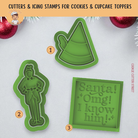 Buddy Elf green cookie cutters with different designs on a white background.