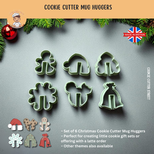Set of 6 Christmas Cookie Cutter Mug Huggers that slot onto the side of a mug, perfect for festive baking, hot drinks, and holiday gift sets.