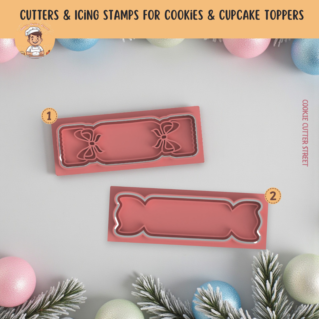 Set of two Christmas Cracker Cookie Cutters and Icing Stamps — bow and plain designs, ideal for personalising festive cookies or gifts.