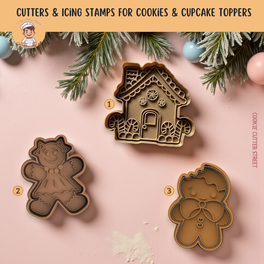 Cute Gingerbread House & Friends Cutters & Icing Stamps For Cookies & Cupcake Toppers