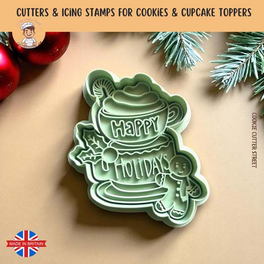 Gingerbread Teacup cookie cutter with 'Happy Holidays' design on a beige background with Christmas decorations.