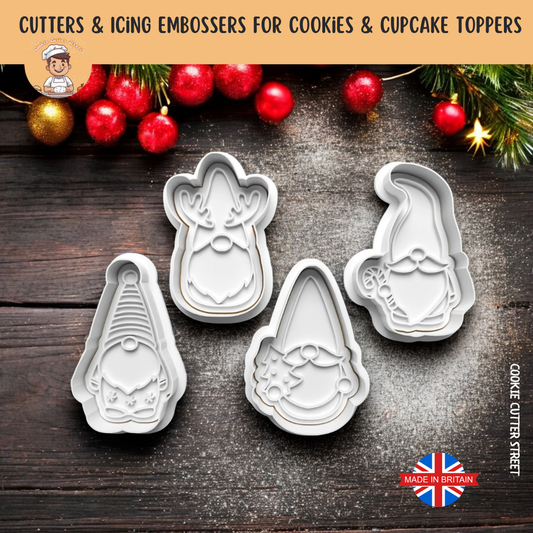 Set of 4 Christmas Gonk Gnome Cookie Cutters & Icing Embosser For Cookies & Cupcake Toppers