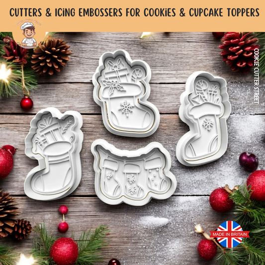Set of 4 Christmas Stockings Cookie Cutters & Icing Embosser For Cookies & Cupcake Toppers