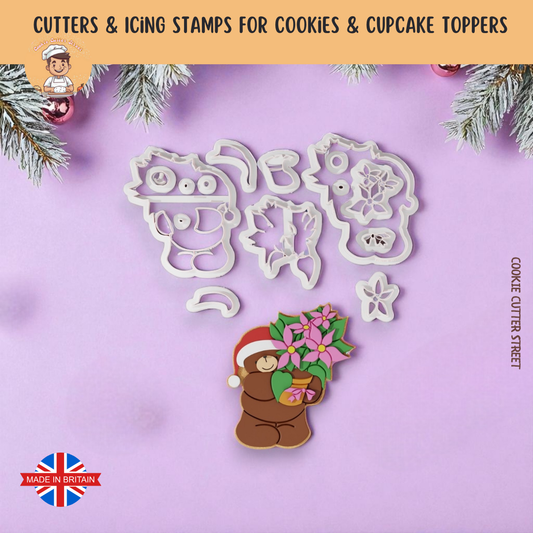Christmas Teddy Bear Holding Flowers Multi-Piece Icing Cutter For Cookies & Cupcake Toppers
