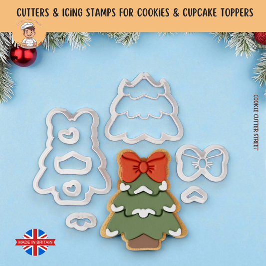 Christmas Tree with Cute Bow Multi-Piece Icing Cutter For Cookies & Cupcake Toppers