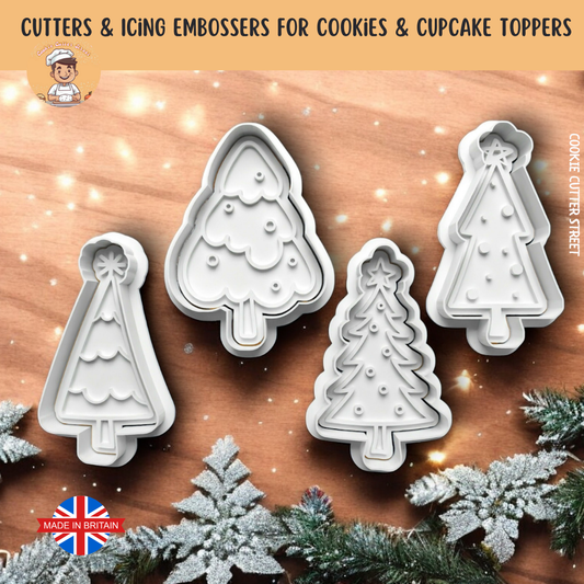 Set of 4 Christmas Tree's Cookie Cutters & Icing Embosser For Cookies & Cupcake Toppers