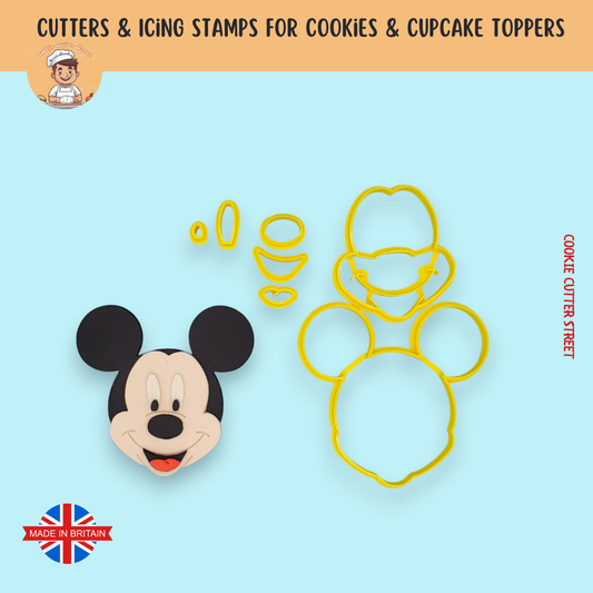 Mickey Mouse cookie cutter and stamps on a blue background with 'Cookie Cutter Street' branding.