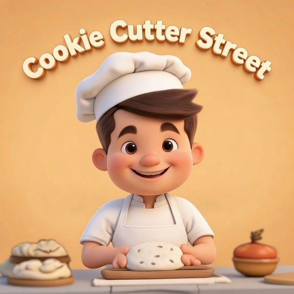 Animated character in a chef's outfit with 'Cookie Cutter Street' text above