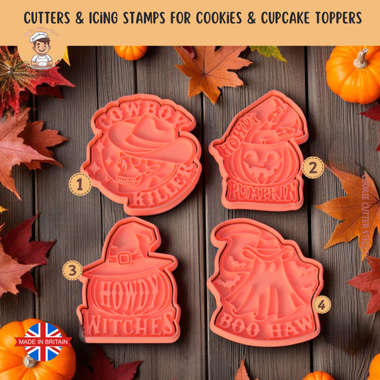 Set of 4 Cowboy Halloween cookie cutters and icing stamps, featuring skull, pumpkin, witch, and ghost designs, available individually or as a set in various sizes.