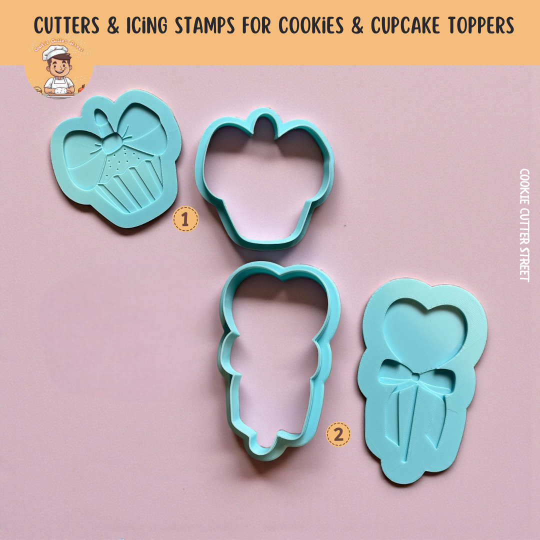 Cupcake and heart shape lollipop cookie cutters on a pink background