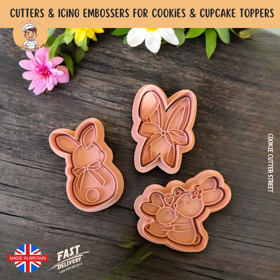 Cute Bunny & Bows Easter | Cutters & Icing Embossers For Cookies & Cupcake Toppers