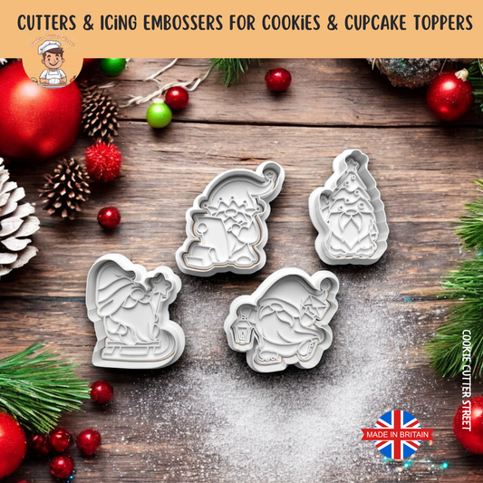 Set of 4 Cheeky Christmas Gonk Gnome Cookie Cutters & Icing Embosser For Cookies & Cupcake Toppers
