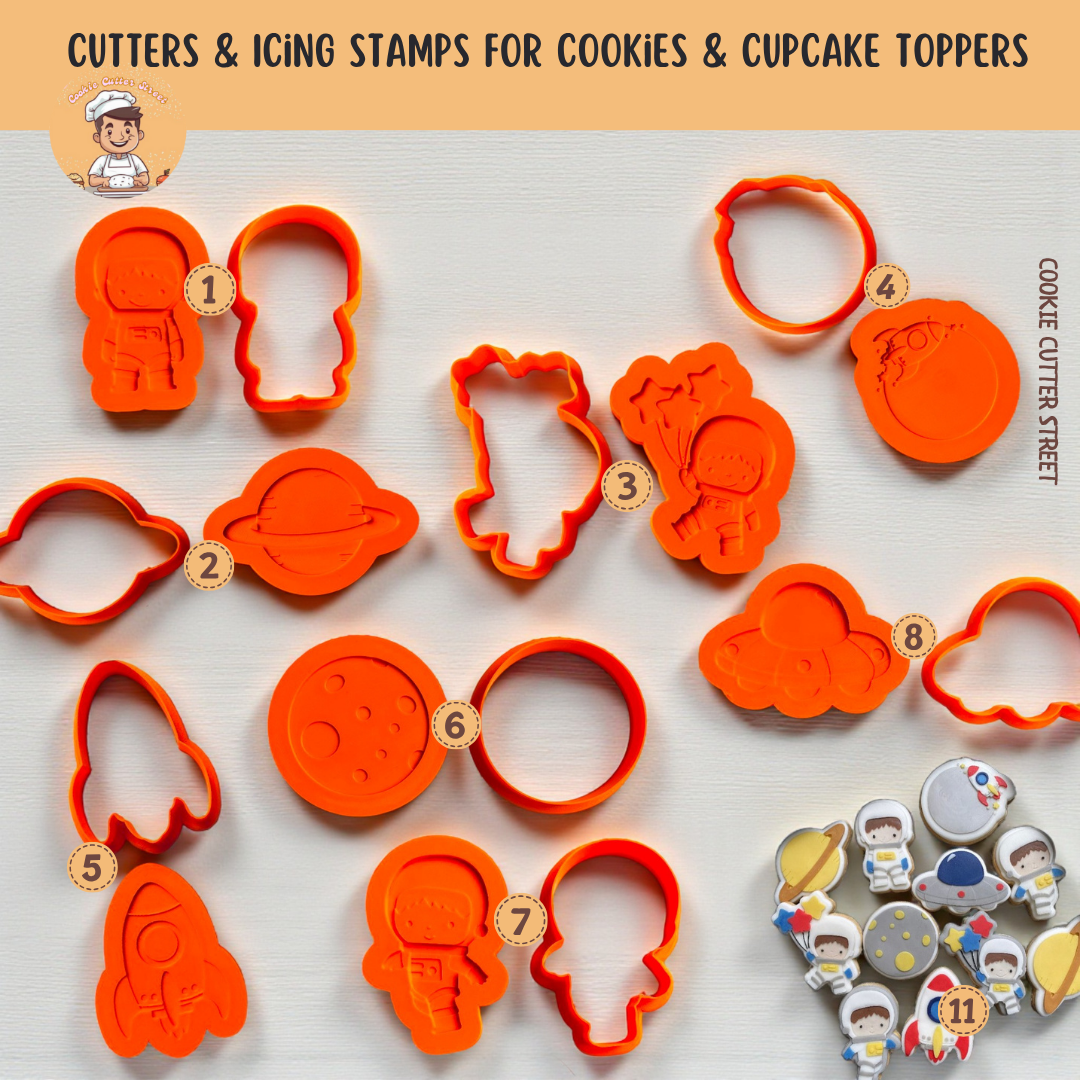 Set of orange space-themed cookie cutters and icing stamps with various shapes on a white background.