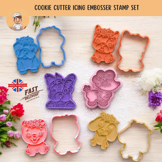 Set of Cute Little Dog Cutters & Icing Embossers For Cookie & Cupcake Toppers