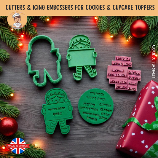 Cheeky Christmas Elf cookie cutter and embosser set featuring festive plaque phrases, available in a range of sizes, perfect for holiday baking.