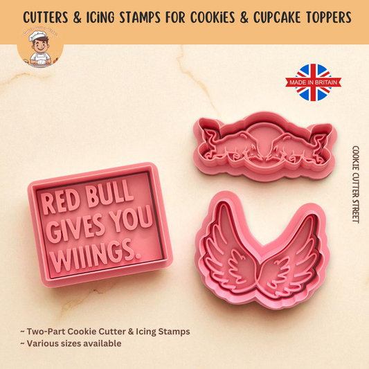 Red Bull–inspired cookie cutters and icing embossers featuring slogan, bulls emblem, and wings design. Perfect for themed cookies, cupcakes, and fondant toppers.