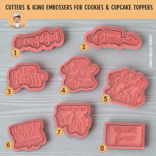 A collection of engagement and bride-themed cookie cutters and embossers with playful bridal phrases—perfect for biscuits, cupcake toppers, or party favours.