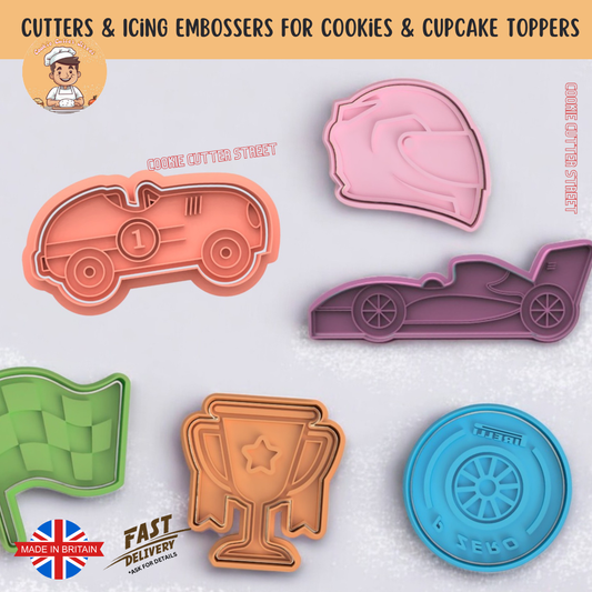 Racing Car Themed Cutters & Icing Embossers For Cookies & Cupcake Toppers