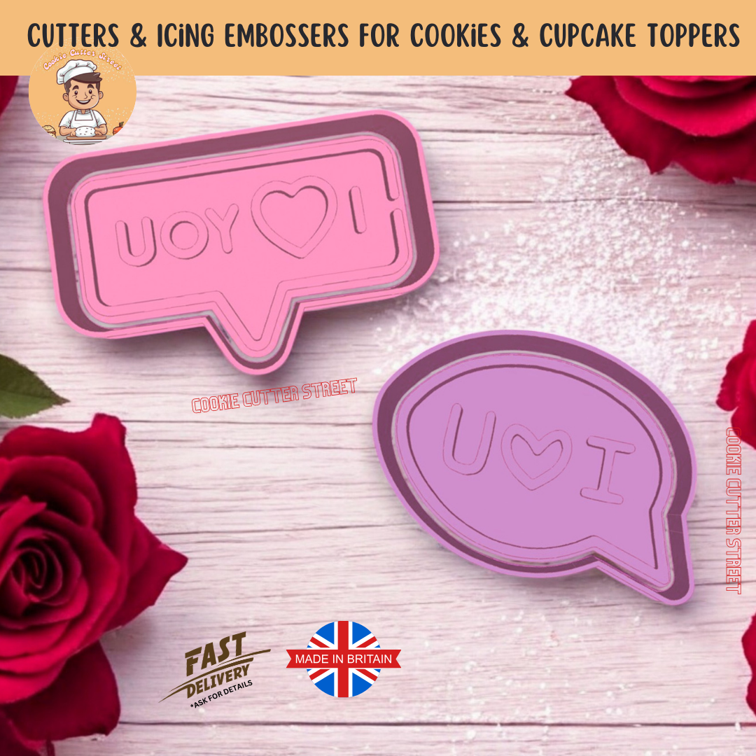 Valentines Speech Bubble Quote "I Love You" & "I ❤️ U" Cutters & Icing Embossers For Cookies & Cupcake Toppers