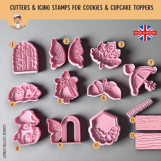 Set of pink cookie cutters and icing stamps with various designs on a gray background.