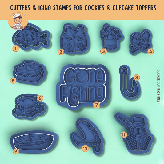 Gone Fishing Cutters & Icing Stamps For Cookies & Cupcake Toppers