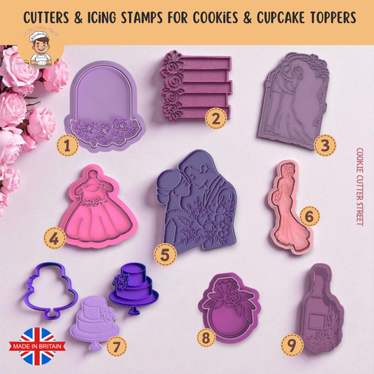 Floral wedding cookie cutters and icing embossers with romantic designs, perfect for creating elegant cookies for weddings, bridal showers, and anniversaries.