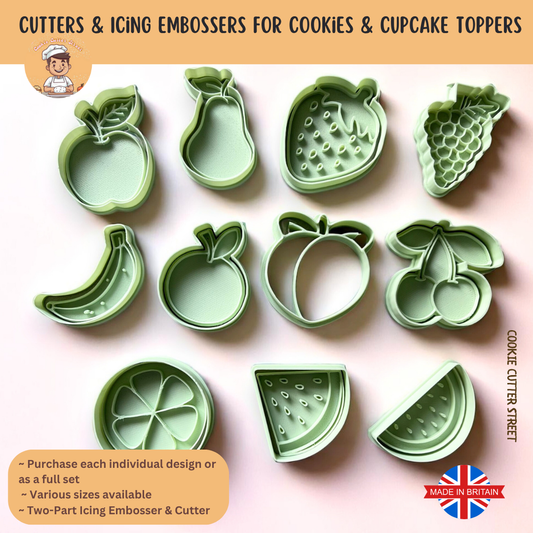Set of fruit-shaped cookie cutters and icing embossers, featuring apple, banana, strawberry, cherry, watermelon, and more