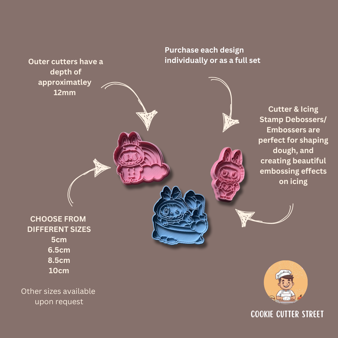 Labubu inspired cookie cutter icing stamps. Cookie cutters with text on a brown background, featuring sizes and purchasing information.