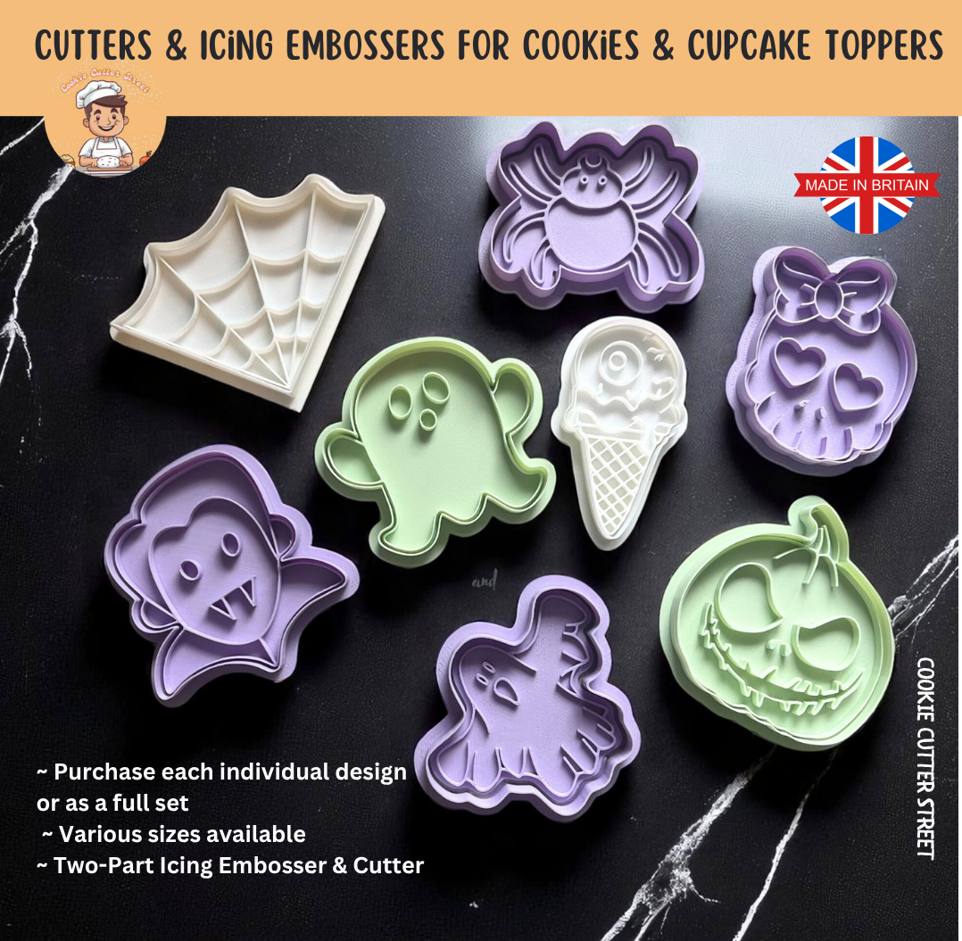 Set of spooky Halloween-themed cookie cutters and icing embossers, including ghosts, skulls, spider, pumpkin, and Dracula designs