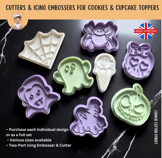 Set of spooky Halloween-themed cookie cutters and icing embossers, including ghosts, skulls, spider, pumpkin, and Dracula designs