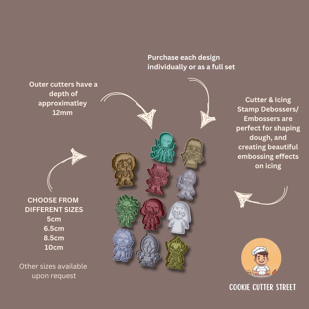Set of Halloween cookie cutters with sizes and purchasing information on a brown background