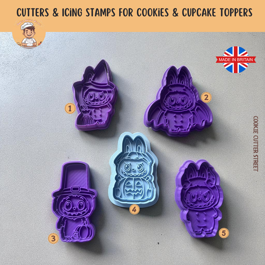 Set of Halloween Labubu purple and blue cookie cutters with icing stamps on a grey background, featuring the brand 'Cookie Cutter Street'.