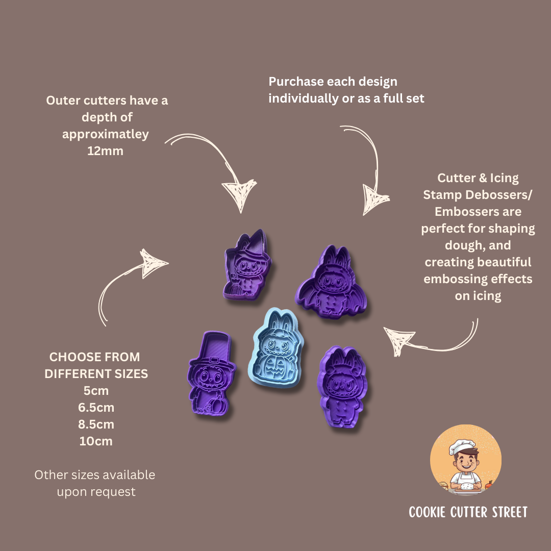 Cookie cutters with different designs on a brown background, featuring text about purchase options and dimensions.