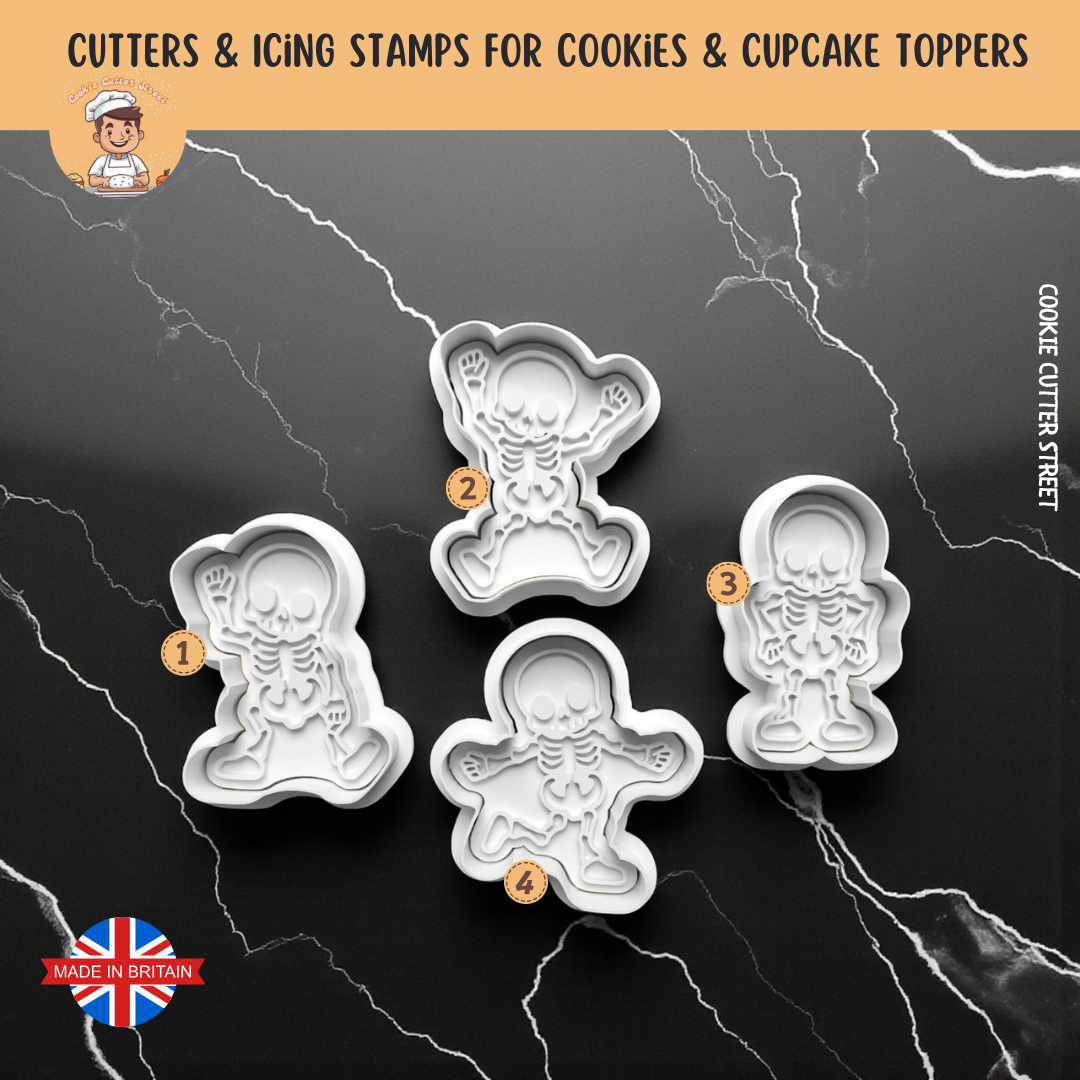 Set of skeleton-themed cookie cutters on a dark background with 'Cookie Cutter Street' branding.