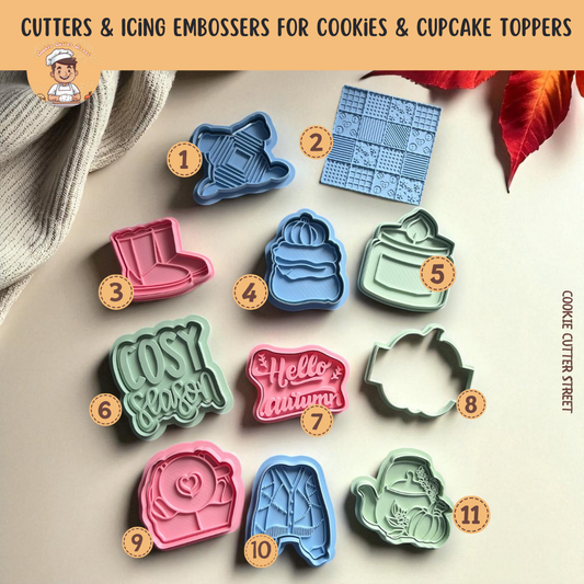Hello Autumn Cosy Season cookie cutters & embossers. Includes 11 cosy fall designs—pumpkins, boots, latte, teapot & more. Perfect for autumn baking & gifts.