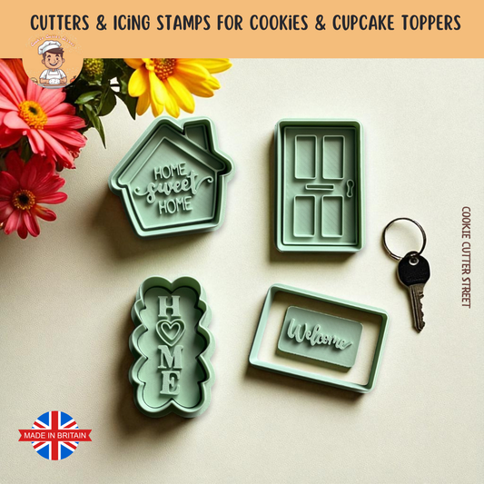 New Home Cookie Cutter & Icing Embosser Set featuring house, door, welcome mat, and heart “Home” design – perfect for housewarming bakes.