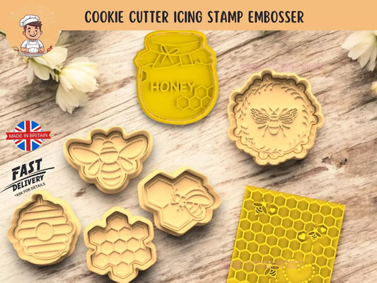 Set of Bumblebee Honeycomb Cutters & Icing Embossers For Cookies & Cupcake Toppers