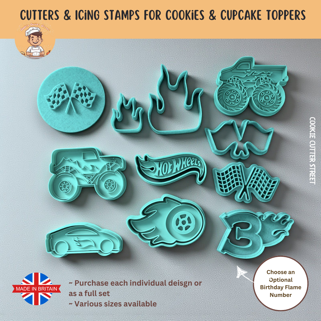 Set of Hot Wheels cookie cutters and icing stamps with various designs on a grey background.