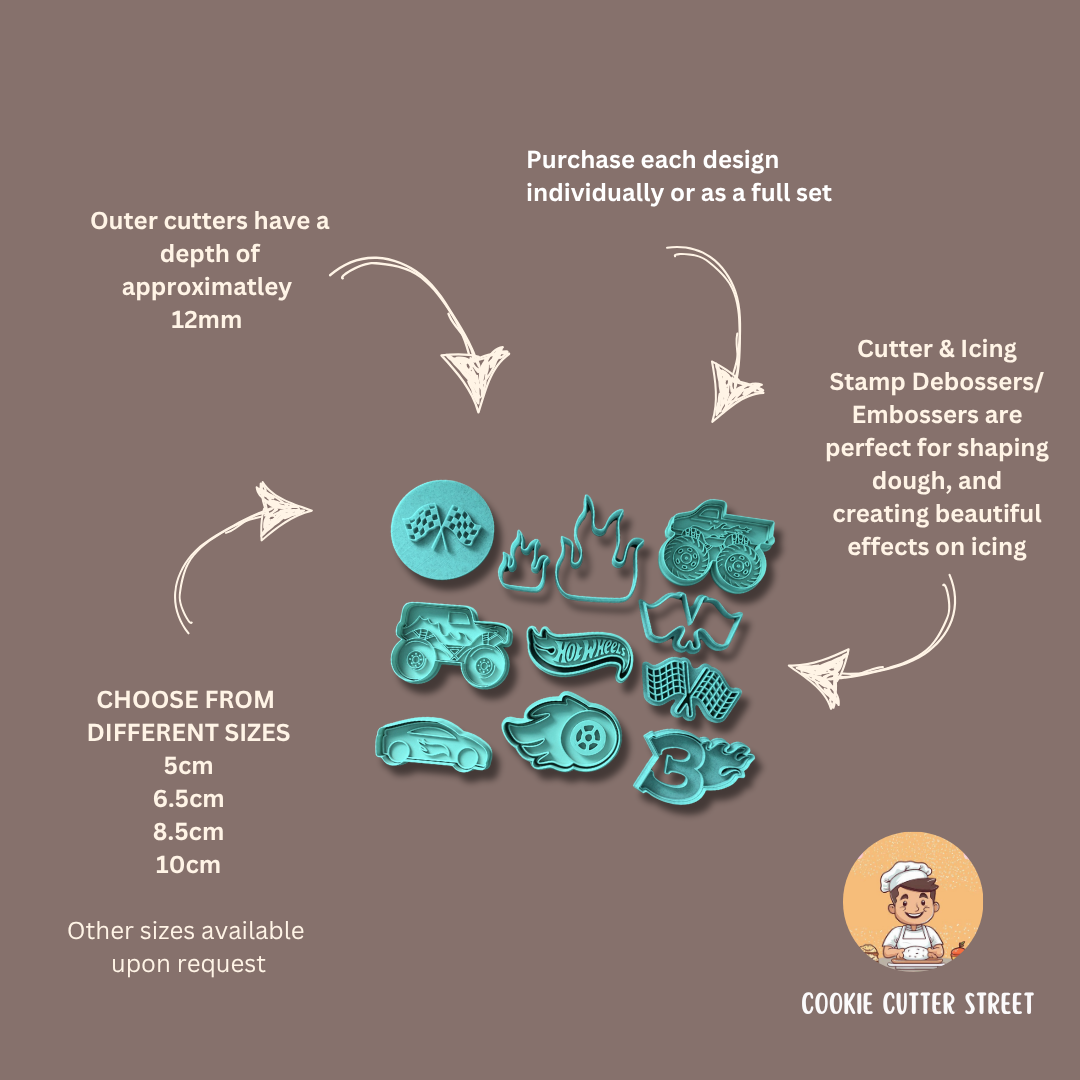 Cookie cutters with sizes and features on a brown background, branded 'Cookie Cutter Street'.