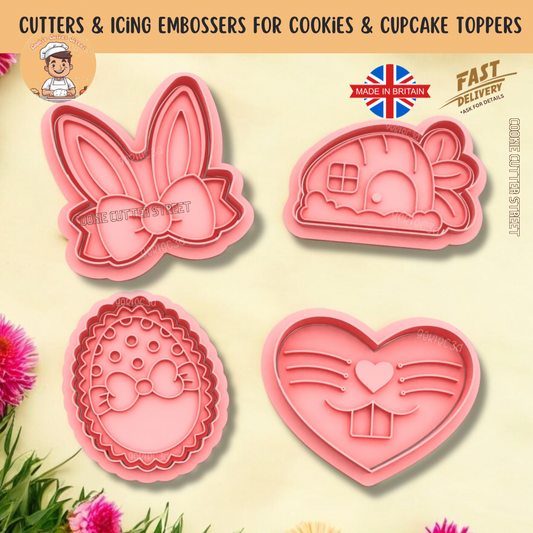 Floral Easter Bunny Shaped Cutters & Icing Embossers For Cookies & Cupcake Toppers