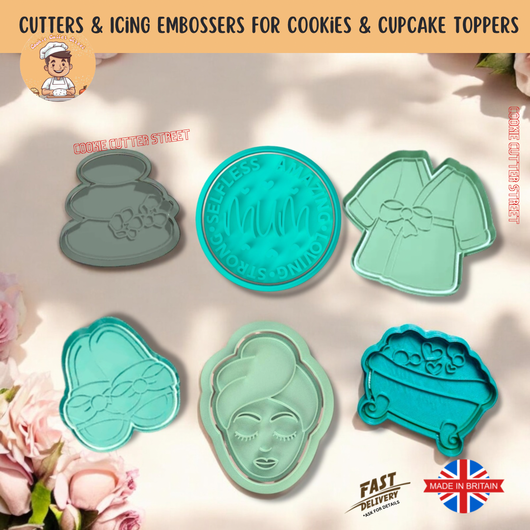 Pamper Spa Mum Mothers Day / Mum’s Birthday Set of Cutters & Icing Embossers For Cookies & Cupcake Toppers