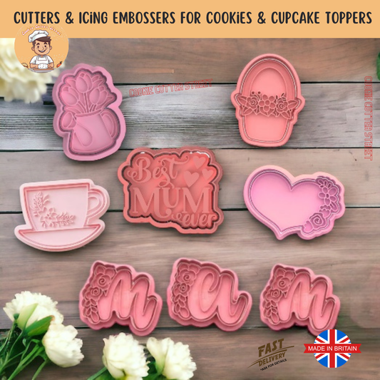 Floral Mum Mothers Day / Mum’s Birthday Set of Cutters & Icing Embossers For Cookies & Cupcake Toppers